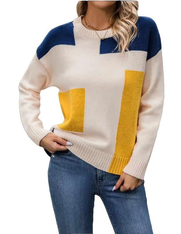 Women's Color Block Knit Sweater, Crew Neck, Navy Blue Yellow White