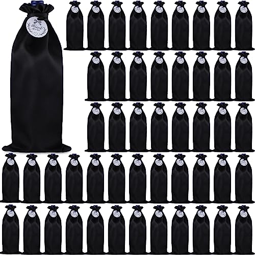 Windyun 50 Pcs Satin Wine Bottle Bags with Thank You Tags Reusable Satin Drawstring Bags for Travel Christmas Wedding Birthday Holiday Party Housewarming Gift Giving Home Storage(Black)