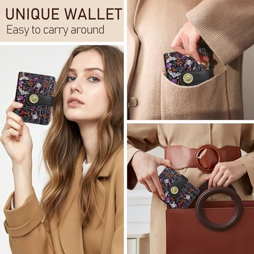 Image of Kelvoris Goth Gothic Bats Spiders Web Small Rfid Women Wallet Bifold Zipper Coin Pocket PU Leather Compact Cash Credit Card Holder Travel Wallet for Female Ladies Teen Girls 1 ID Window 10 Card Slots