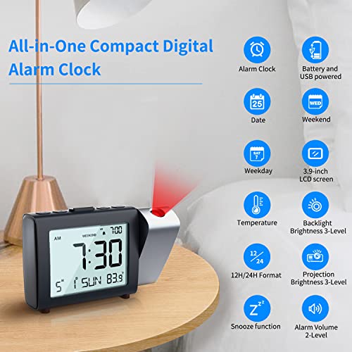 Image of Projection Alarm Clock for Bedroom: Digital LCD Clock with Temperature Date Snooze 12 /24H and Weekend Mode, Easy Set Dimmer Clock with 2-Levels Volume, Mains and Battery Operated