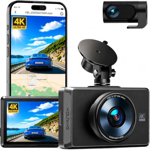 WOLFANG 4K Dual Dash Cam, Ingebouwde WiFi GPS
