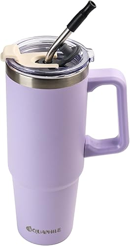 AQUAPHILE Vaso de 35 onzas con asa, vaso de café aislado con tapa a prueba de fugas y popote, botella de agua reutilizable de acero inoxidable, taza