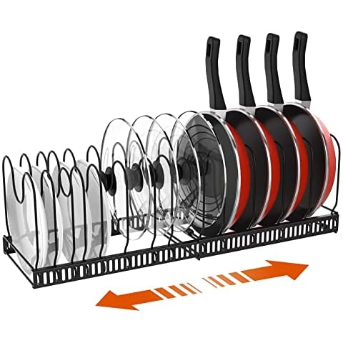 Housolution Pan Organiser for Cupboard, Expandable Pot and Pan Lid Organizer Holder Saucepan Storage With 14 Adjustable Dividers, Baking Tray Chopping Board Storage Rack for Pantry Cabinet, Black Cover
