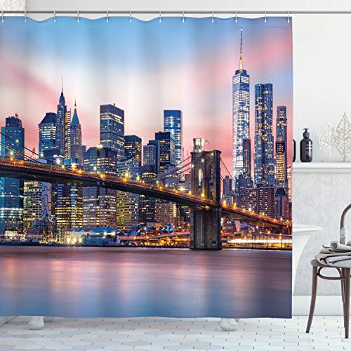 Ambesonne New York Shower Curtain, Brooklyn Bridge and Lower Manhattan Skyline Under Pink Sunrise Long Exposure Art Image, Cloth Fabric Bathroom Decor Set with Hooks, 75  Long, Blue Pink