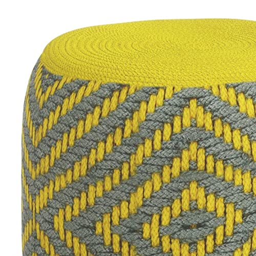 Pemberly Row Boho Round Pouf Ottoman, Small Hand Knitted Hassock Footrest for Living Room, Cotton Woven Bean Bag Foot Stool for Couch, Yellow Cloth Puff Chair for Floor, 18