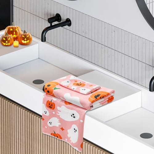 Jarthenaamcs J5171 3Pcs Halloween Beach Towel Set With Pink Ghost Pumpkin Absorbent Bath Towel Hand Towel Wash Cloth thumb #3