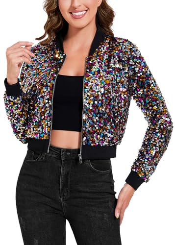 Anna-Kaci Women's Sparkly Sequin Cropped Jacket Long Sleeve Zipper Up Party Club Bomber Jacket, Multicolored, Medium