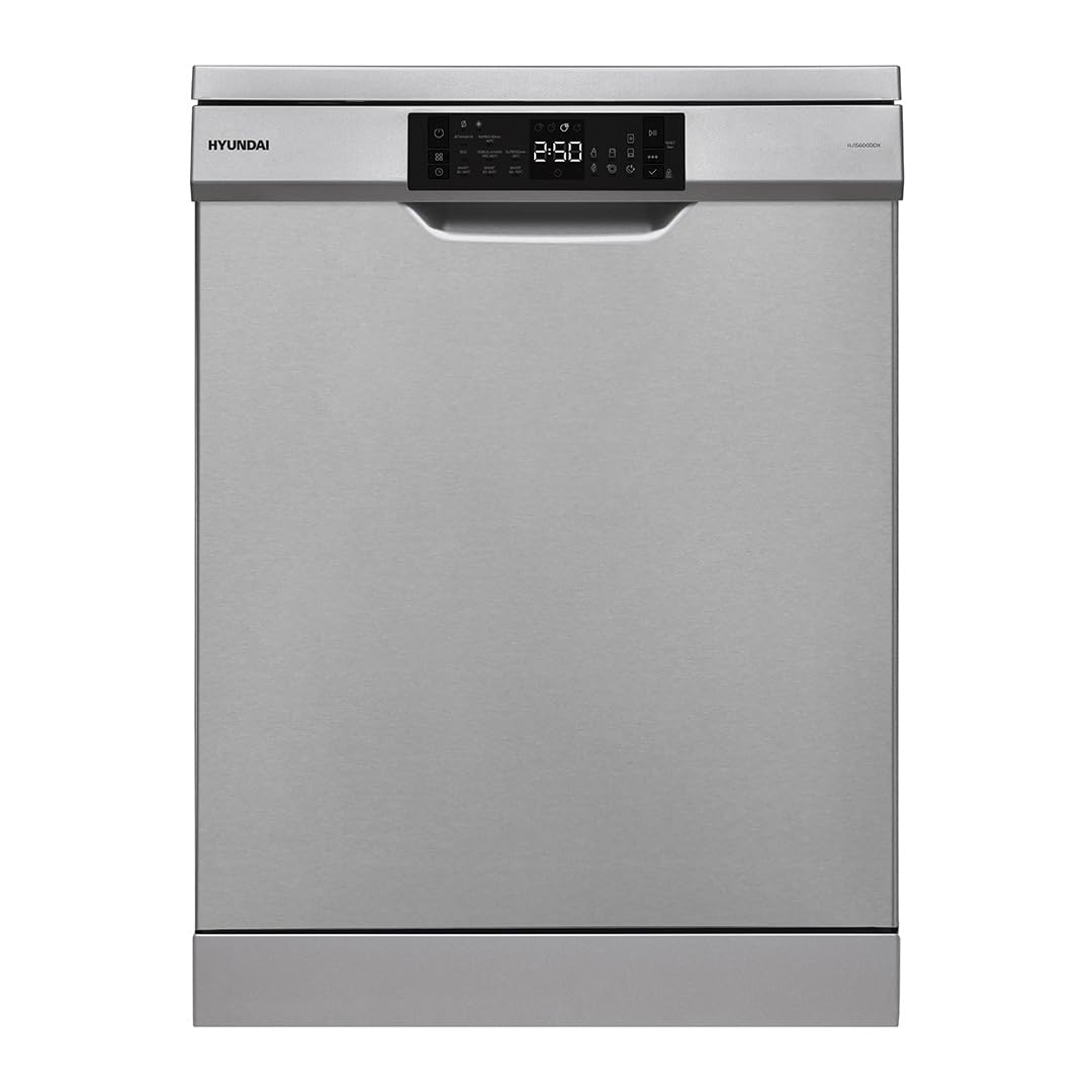 Hyundai Lavavajillas 60cm Inox HJ15600DDX. 100W, 15 Cubiertos, 3 Bandejas, 8 Programas, Display LED manual, Función Stop&Go, Eficiencia Energética Clase D