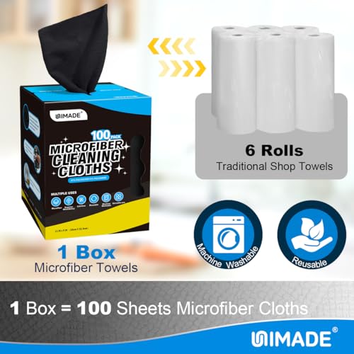 Image of UNIMADE Microfiber Cleaning Cloth, 100 Sheets Microfiber Towels for Cars | Commercial Grade Washcloths Lint-Free Bulk Shop Towel Cleaning Rags for Mechanic Garage Housekeeping, 11 inchx 9 inch, Black