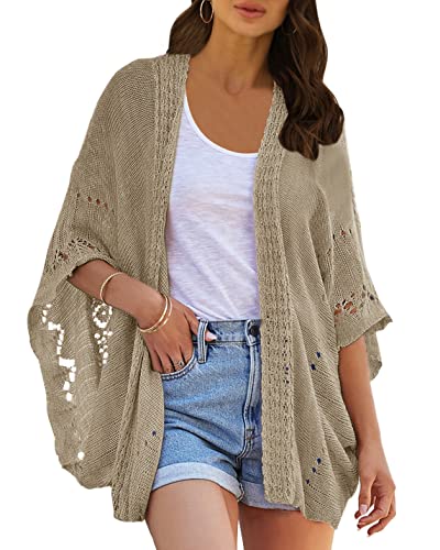 Ermonn Crochet Cardigan Sweaters for Women Open Front Kimono Batwing Sleeve Plain Casual Lightweight Outerwear