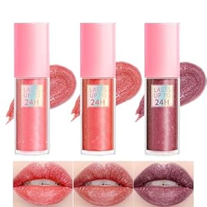 3Pcs Glitter Lip Gloss Makeup Set,Hydrating Shimmer Liquid Lipstick,Waterproof Smooth Soft Lip Stick Kit,Non-Sticky,High-Shine, Plumping,Fuller-Looking Lips,Moisturizing,Long-Lasting Makeup