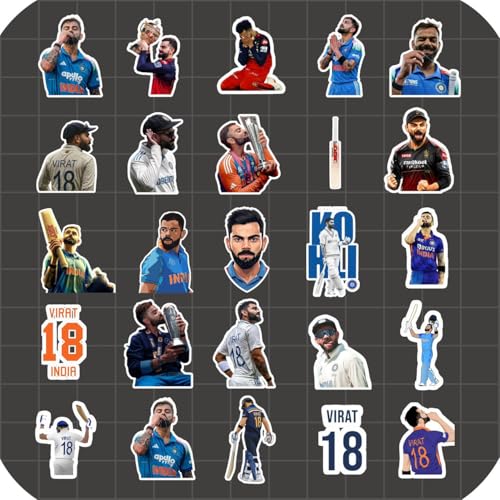 Image of Virat Kohli Stickers 25 Pcs - Cricket King Kohli Waterproof Vinyl Stickers for Laptop, Mobile, Bike, Helmet, Bottle, Car | Cricket Fan Gift Collection, Virat