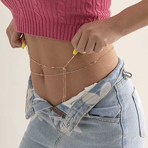 Limpid Crystal Zircon Waist Belly Chain For Women,Sexy Bikini Gold Crystal Diamond Waist Chain Belly Chain Chest Chain,Women Body Jewelry (Belly Chain-2Pcrystal) #TOP4