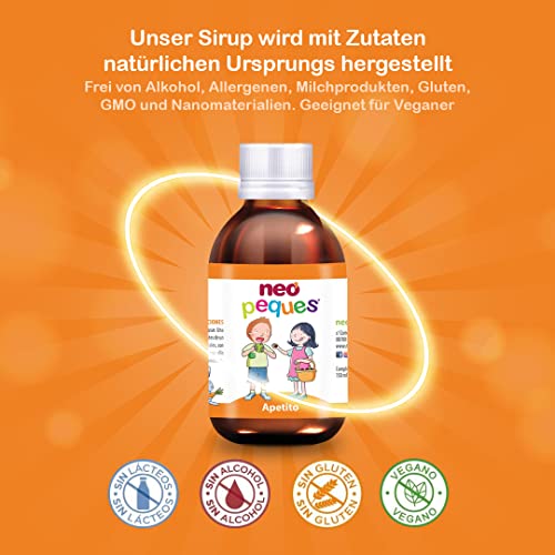 Neo Peques Appetite Sirup (150 ml), appetitanregendes Nahrungsergänzungsmittel für Kinder ab 3 Jahren, mit Spirulina, Mineralstoff-Komplex und Pflanzenextrakten, mit Himbeergeschmack
