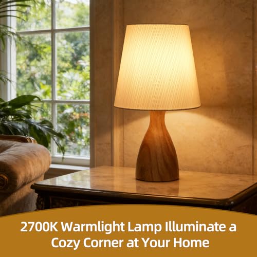 Wood Bedside Table Lamp, White Linen Lampshade with Golden Striped, On-Off Switch, 12.6 Inch Nightstand Lamp for Reading, Bedroom, Living Room, Children's Room, Office, Bulb Included - Image 4
