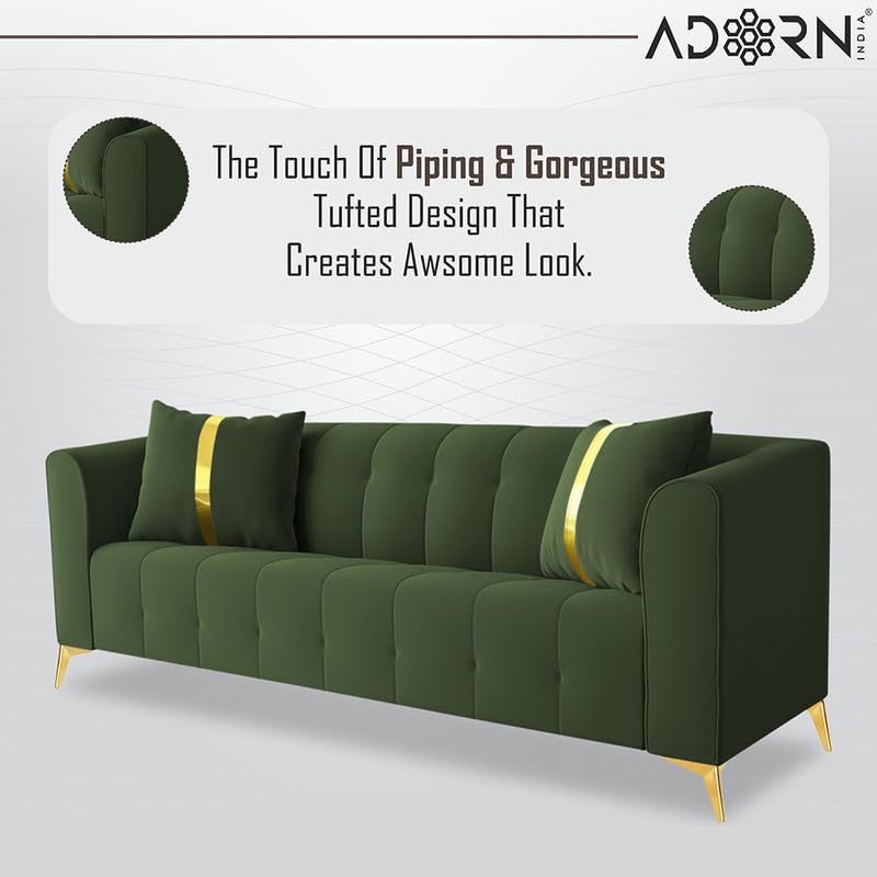 Image of Adorn India Premium Mystic - 3 Years Warranty - 3+1+1 Sofa Set Velvet Suede Fabric - Green
