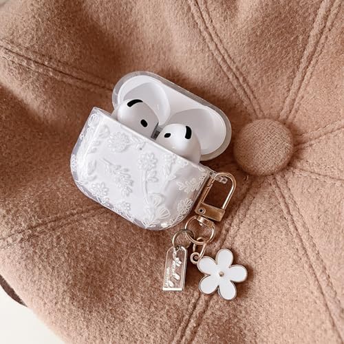 Image of MINSCOSE for with AirPods 4 Clear Case,Cute Flower Floral Aesthetic Design with Flowers Keychain, Soft TPU Protective Shockproof Case for Women Girl for Airpods 4-White