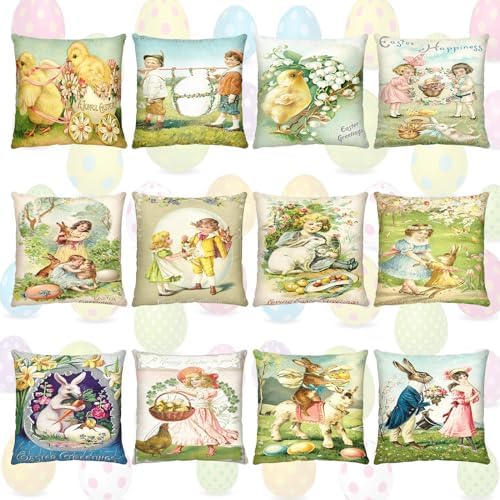 Burbell 12 Pcs Vintage Easter Pillow Covers 18 x 18 Inch