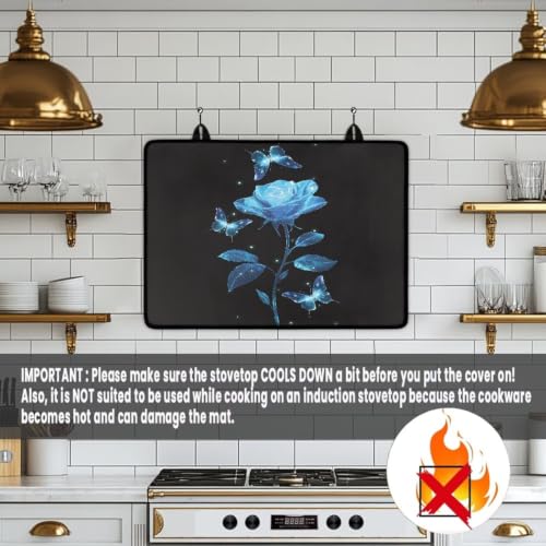 Image of Glass Ceramic Top Stove Cover Anti-Scratch Universal Induction Cooktop Protector Mat Range Covers for Electric Stove with Non-Slip Rubber Backing, 29 x 21 Inch, Rose Butterfly Black