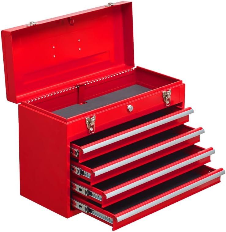 Portable Steel Tool Chest with Ball Bearing Slides, Heavy-Duty 4-Drawer Tool Box with Lock,Liners, Metal Latches, Professional Grade Storage for Garage & Workshop