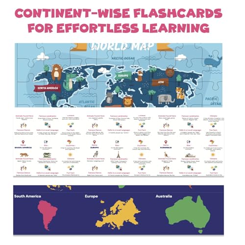 Image of World Map Jigsaw Puzzle for Kids, 48 Pieces Educational Toys for 3+ Year Old, Brain Game, Ocean & Continent Facts Flash Cards, Fun Games, Montessori Toys, Diwali Gift, Birthday Gifts
