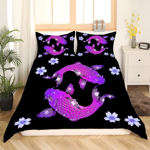 Housse de couette 220x240 violette Koï : parure de lit 3 pièces microfibre douce - 3