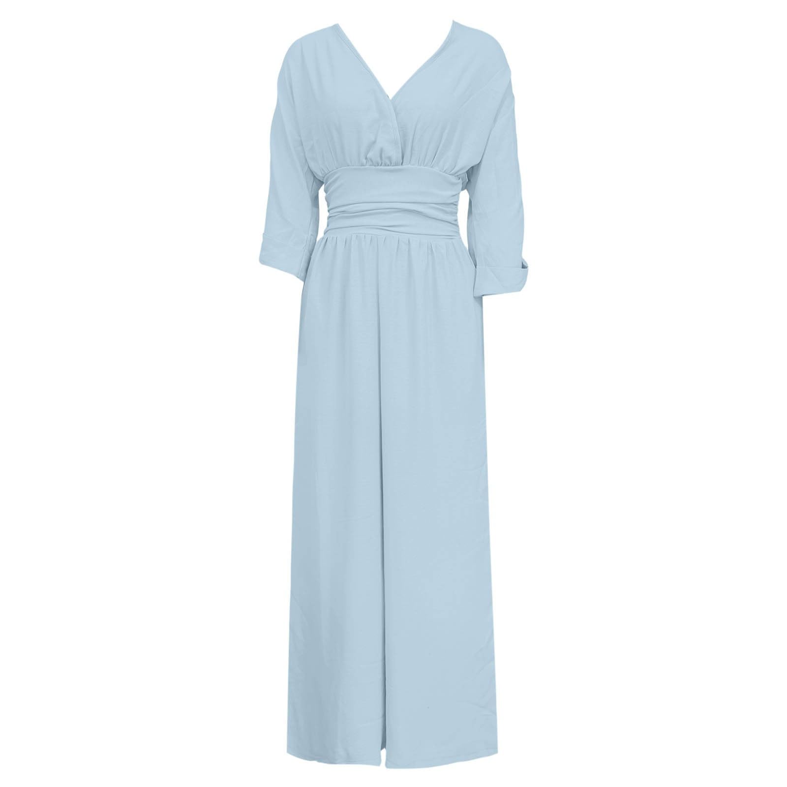 Palazzo Spodnie Damskie Długie Szerokie Nogawki V-Neck 3/4 Rękaw Wcięta Talia Kieszenie Lato Eleganckie