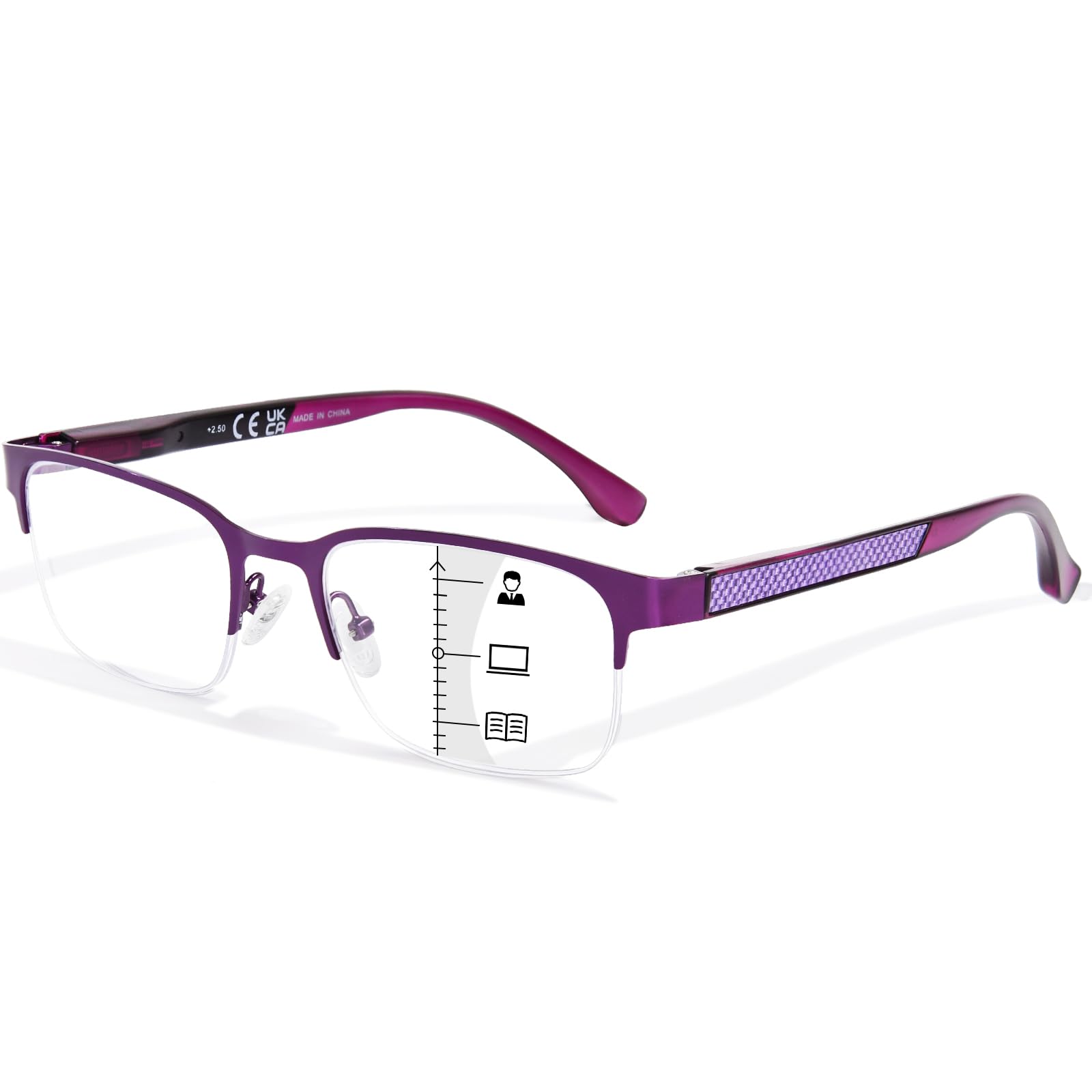 FONHCOO Progressive Multifocal Reading Glasses for Women Men, Metal Half Frame Blue Light Computer Readers with Spring Hinges