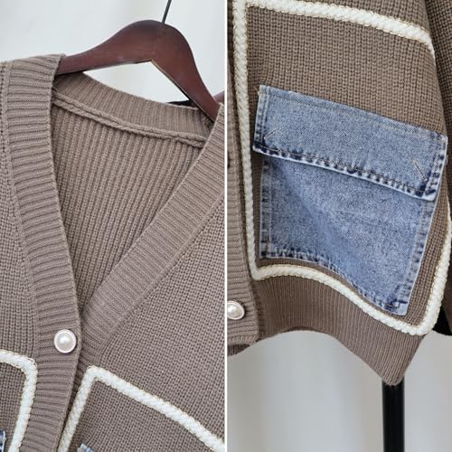 Image of FindThy Women's Casual Button Up Cardigan Oversized Long Sleeve Jean Patchwork Sweater Cardigans