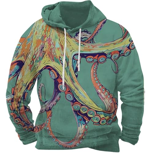 Vintage Japanese Hoodie for Men Octopus Print Long Sleeve Lightweight Sweatshirt Retro Graphic Dragon Hoodie Pullover