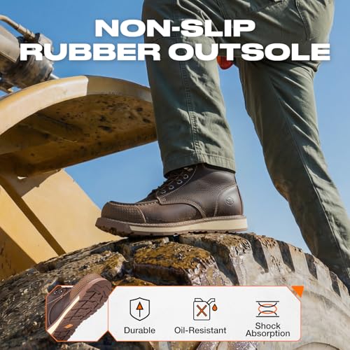 Image of NINGO Steel Toe Work Boots for Men, 6 Inch Full Grain Leather Moc Toe Boots for Men with Non Slip Wedge Outsole, Durable TPU Protective Toe Cap Mens Safety Shoes EH Rated for Construction Welding