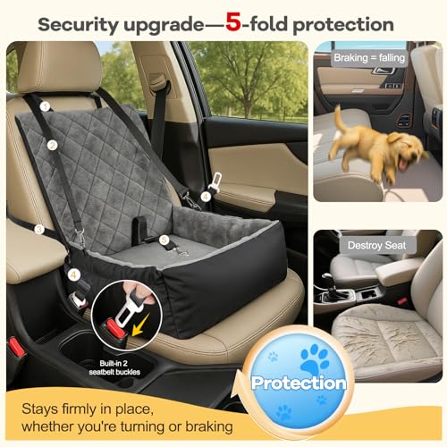 SIVEIS Hunde Autositz für Kleine / Mittelgroße Haustiere – Kuscheliges Plüschbett mit Aufbewahrungstasche, Kratzfester Sitz für Rück- & Vordersitz, Inklusive Anschnallgurt