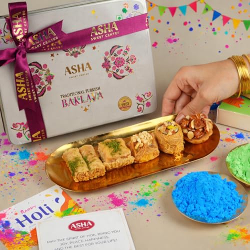 Image of ASHA SWEETS Holi Celebration Combo Pack with Premium Baklava in Tin Box (430gm), 2 x Organic Gulal & Wishes Card Set for Gifting & Celebration|Premium Holi Festive Gift Box for Family & Friend