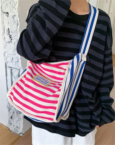 Casual Canvas Shoulder Bag Large Crossbody Handbag Striped Hobo Purse Bucket Satchel Commuting Travel Shopping2