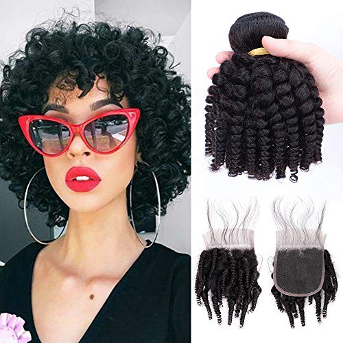 Brazilian Funmi Hair Curly Weave 3 Bundles with Lace Closure Spiral Curl Hair Bundles with 4x4 Closure 100% Human Hair Extensions 100g/pc Full Head Natural Black (10” 12” 14”+12” closure)