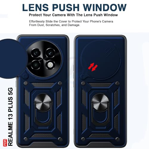 Image of AESTMO Tough Armor Realme 13 Plus / P1 Speed 5G Bumper Back Case Cover | Ring Holder & Sliding Camera Shield Cover | 360 Degree Protection Back Case Cover for Realme 13 Plus / P1 Speed 5G (Blue)