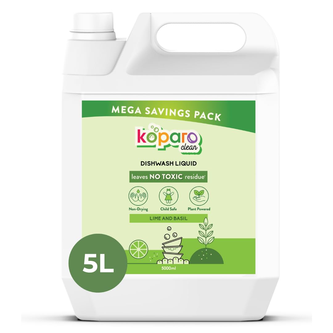 Koparo Organic Dishwash Liquid | 5 Litres | Lime And Basil Fragrance | Natural, Plant Based & Eco-Friendly | Removes Tough Grease, Soft on Hands | Baby & Pet Safe