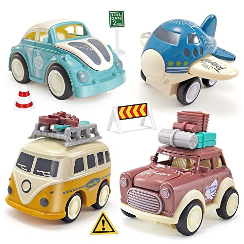 Mini Tudou Diecast Car Toy,Push & Go Vehicle Toy,4 PCS Friction Powered w/ Moveable Body Part Classic Car Toy,Include Plant,Bus,Wagon and Car for Boys and Girls (Style A)â€¦