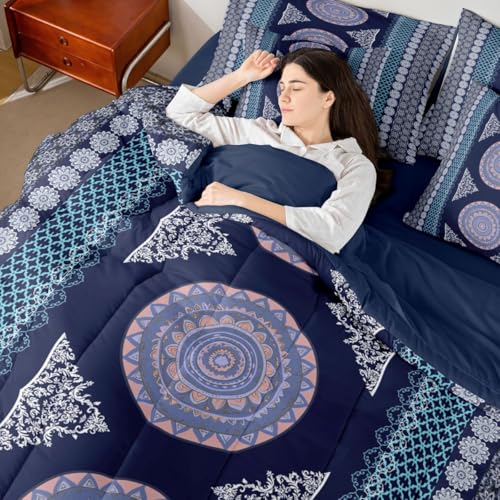 Image of Bohemian Decor Boho Full Size Bed Sheets and Comforter Set | Paisley Flower Mandala 7-Piece Bedding Set Moroccan Medallion Aztec Bed in a Bag,Ethnic Tribal Exotic Striped European Black Purple