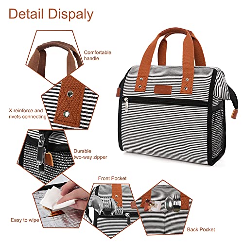 Lunch Bag Insulated Lunch Bags For Women Men And Kids Reusable & Wide-Open Lunch Tote Bag Portable Insulated Bag For Office, School And Picnic, (White Stripe) #TOP3