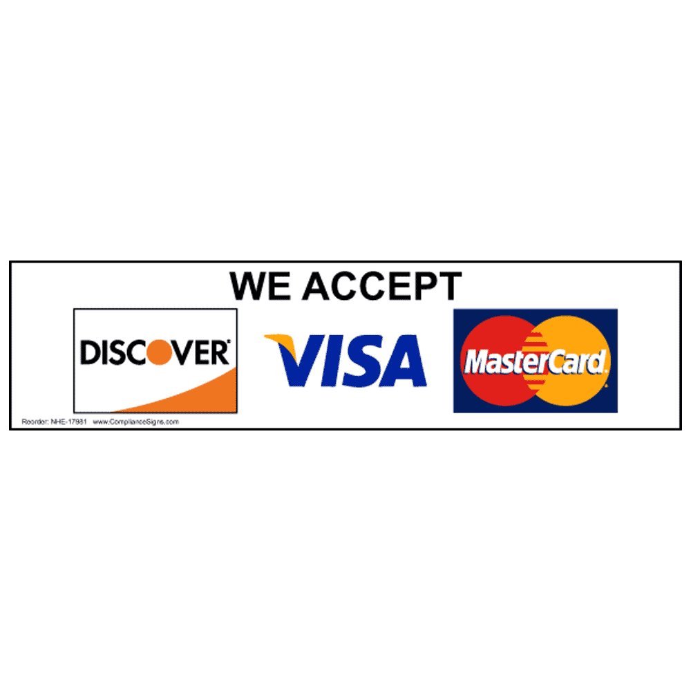 ComplianceSigns.com We Accept [ Discover, Visa, Mastercard) Sign, 8x2 inch Plastic for Dining/Hospitality/Retail