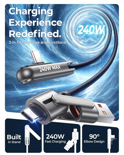 4' Mrglas 240W USB-C Charging Cable w/ Built-In Phone Stand & 90° Connector - image 2