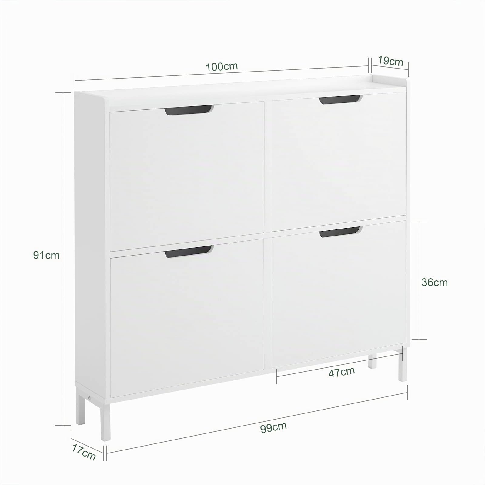 SoBuy Schuhschrank Schmal mit 4 Klappen – Platzsparender Schuhkipper für Kleine Wohnungen, Enge Flure & Durchgänge, Flurschrank für Familien mit Kindern & Designliebhaber, Weiß, 100x91x19 cm, FSR100-W