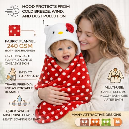 Image of First Kick New Born Baby Blanket Pack of Super Soft Bathrobe Wrapper Bath Towel for Boys, Girls, Babies (Red Polka, Length 82 cm x Width 82 cm, 0-12 Months)