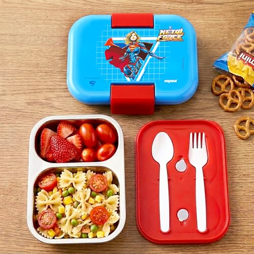 Image of Nayasa Marco Super Girl Print 2 Compartment Stainless Steel Insulated Lunch Box for Kids | Vacuum Sealed Leak Proof Tiffin Box | 650 ml | Red & Blue