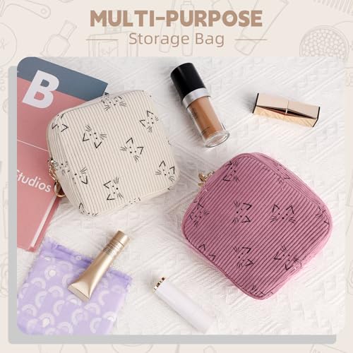 Image of Period Bag for Teen Girls, Corduroy Cute Cats Sanitary Napkin Storage Bag, Menstrual Pad Pouches Tampon Holder for Purse (Beige-Cats)