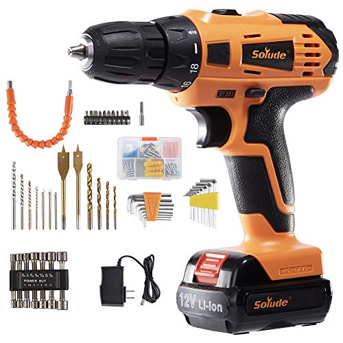 SOLUDE Cordless Drill Driver,12V Max 100-Piece Power Drill Set with 2x1500mAh Lithium-Ion Batteries,3/8