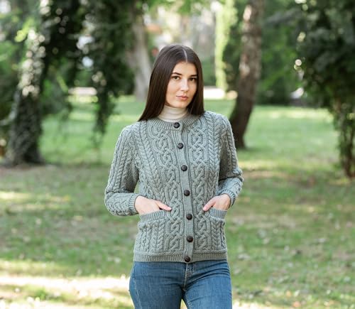 Image of SAOL 100% Merino Wool Ladies Irish Buttons Knit Cardigan Lumber Jacket with Pockets