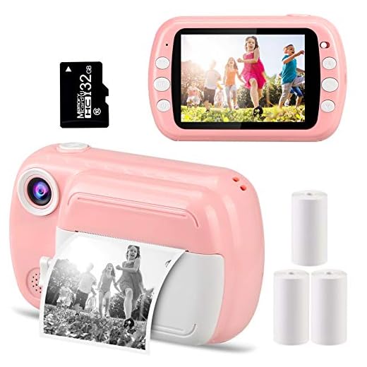 GlobalCrown Cámaras instantáneas para niños,Cámaras de Fotos instantánea con Pantalla de 3,5 Pulgadas Regalos cámaras Digitales para 3 a 12 años (Incluye 4 Rollos de impresión Papel y 32GB Tarjeta)
