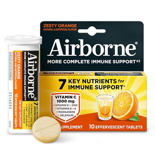 Airborne Immune Support Effervescent Tablets, Zesty Orange Flavor - 10ct with 1000mg Vitamin C +...